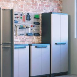 Keter Tool Organiser Pegboard – wall-mounted beside workshop cabinets