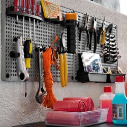 Keter Tool Organiser Pegboard – tools organised above a workbench